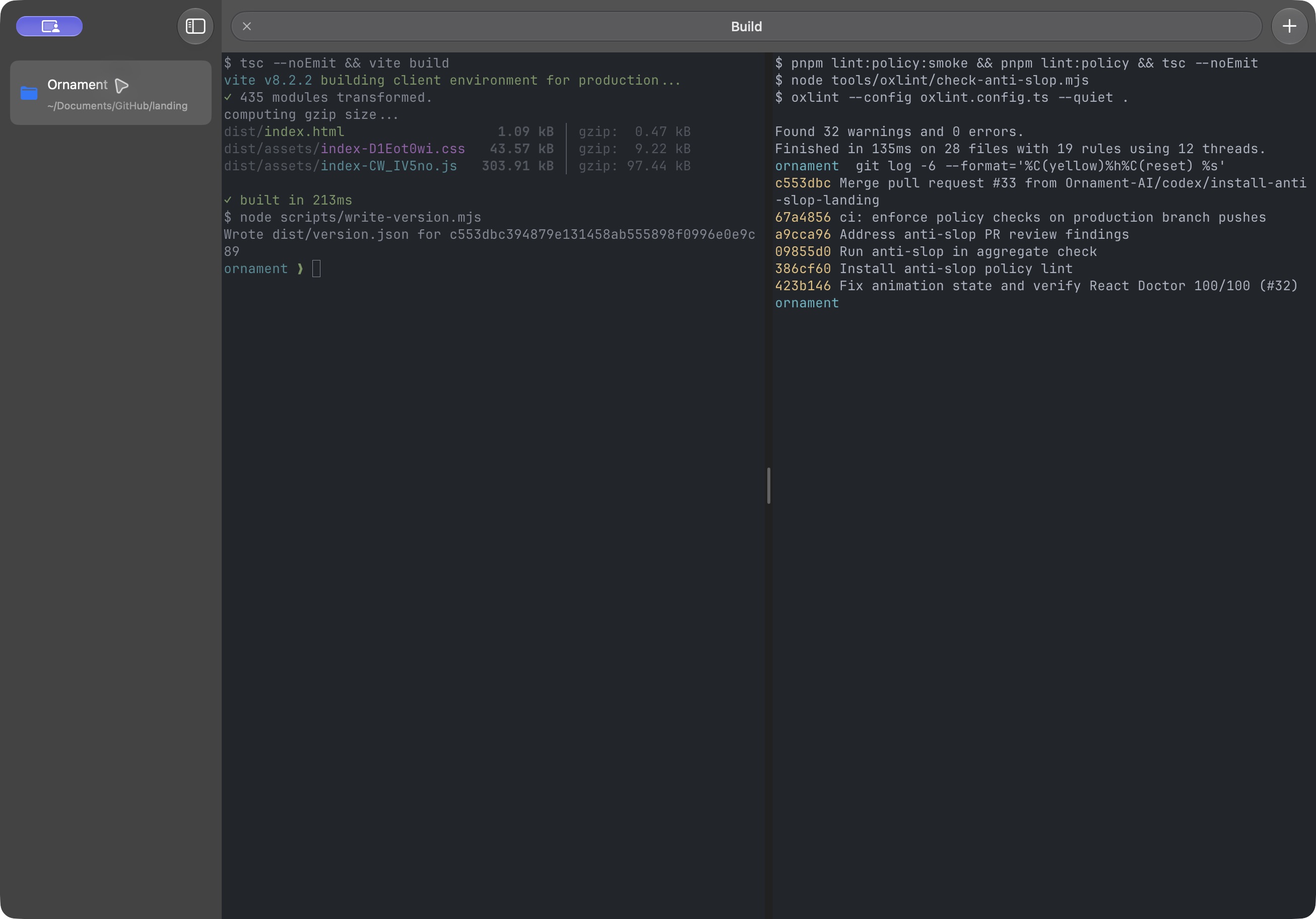 Toastty Nightly showing the Ornament project, a Build tab, and two terminal panes running a build and code checks.